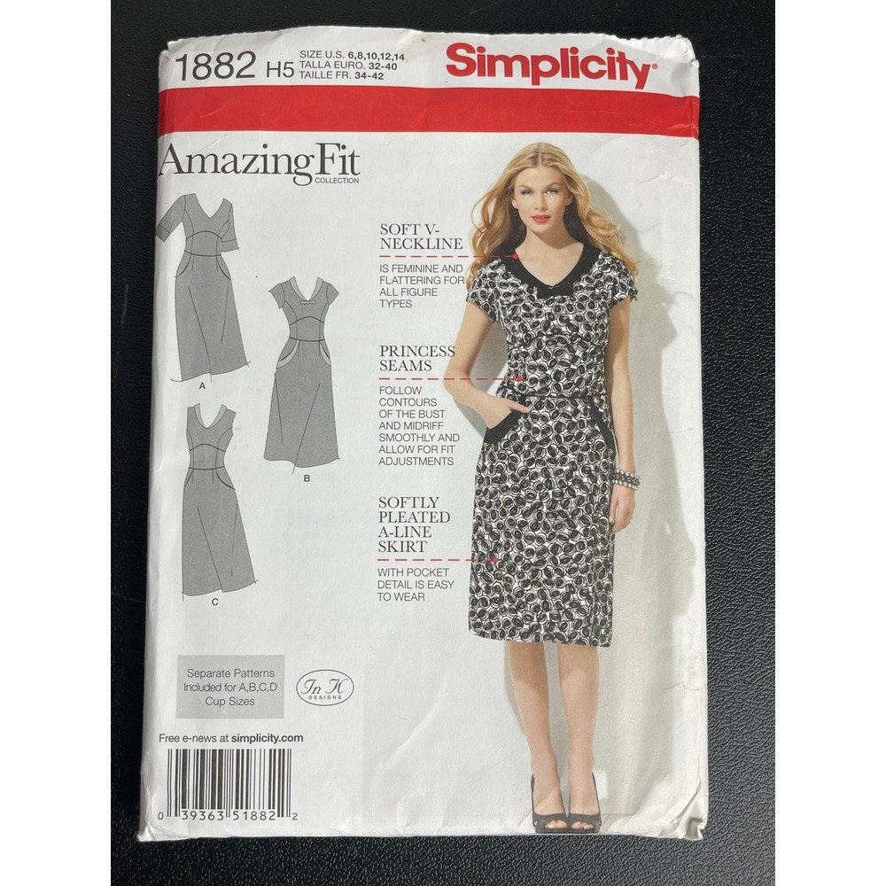 00366 - Simplicity 1882 Amazing Fit Dress Sewing Pattern Princess Seams SZ 6-14